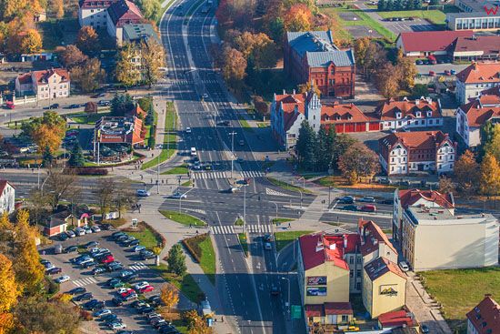 Olsztyn, skrzyzowanie ulicy Mochnackiego i Szrajbera, panorama od strony NW. EU, PL, Warm-Maz. LOTNICZE.